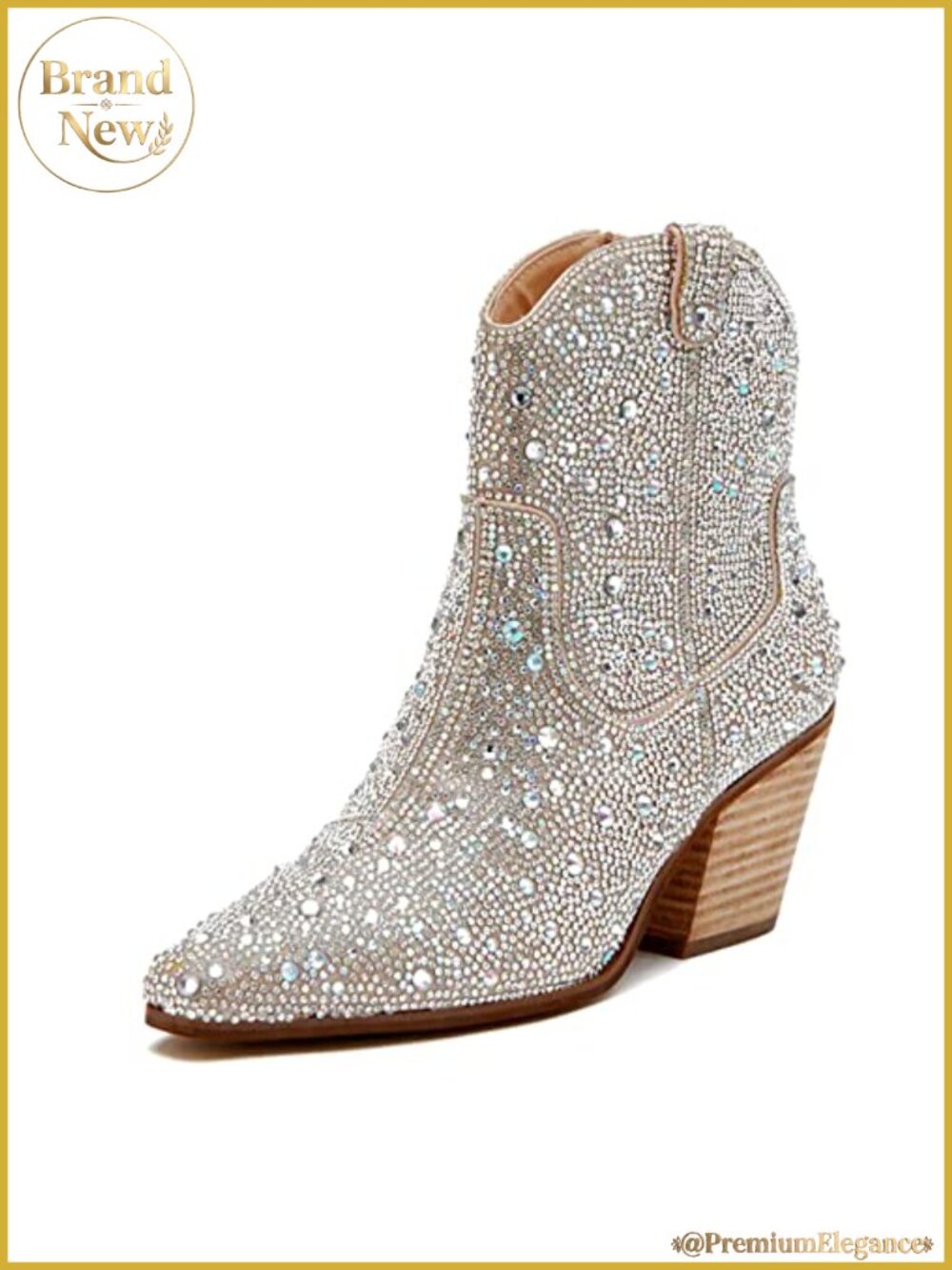 Rhinestone Cowgirl Ankle Booties Women Pointed Toe Chunky Heel Boots Sparkly